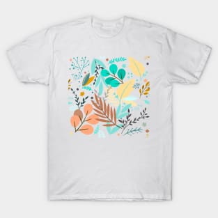 illustration of abstract colored flower with closed opened blossom leaves seamless pattern T-Shirt